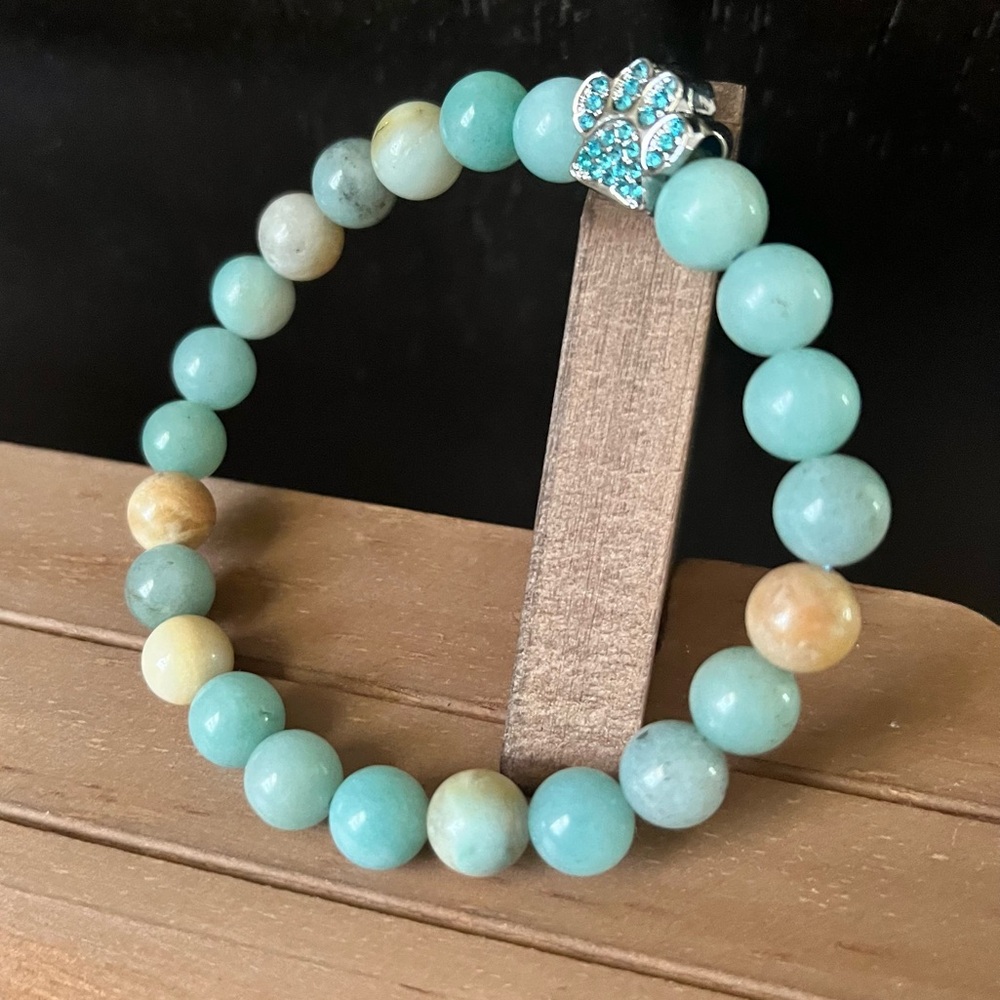 Amazonite 8mm Round Beaded Stretch Bracelet With Silver Toned Dog Paw Charm